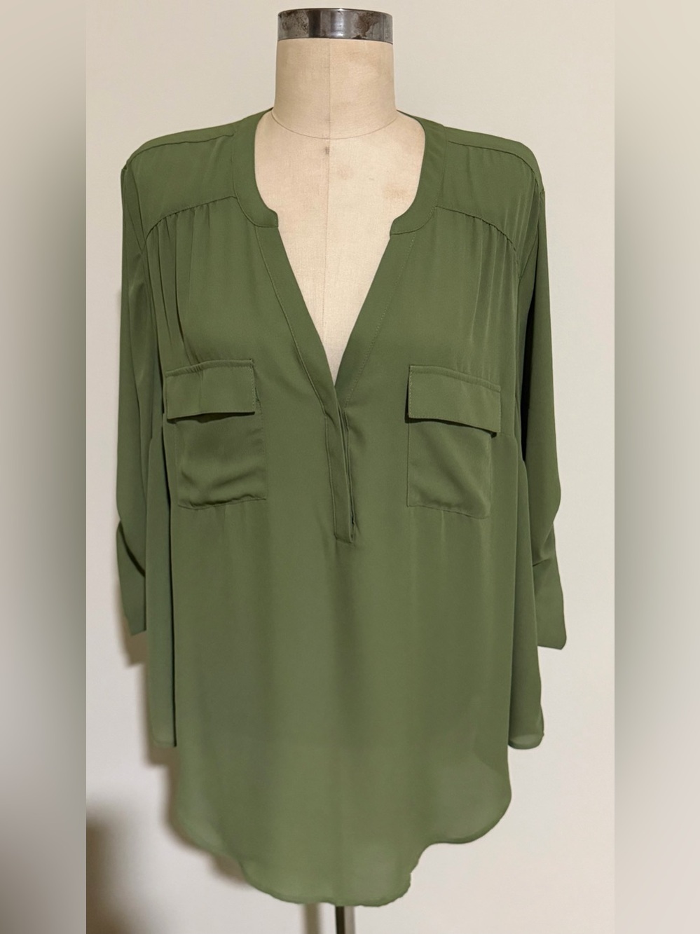 Torrid Harper 3/4 Sleeve Front Pocket Georgette Blouse Size 2X Lodge Green NEW